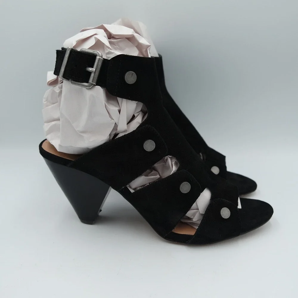 Audrey Brooke Katy Womens Black Suede Studded Cage Cone Heel Sandals Size 7.5